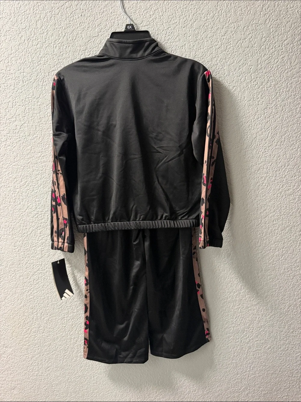 adidas Black Kids Track Jacket and Pants with Pink Leopard Side Stripes